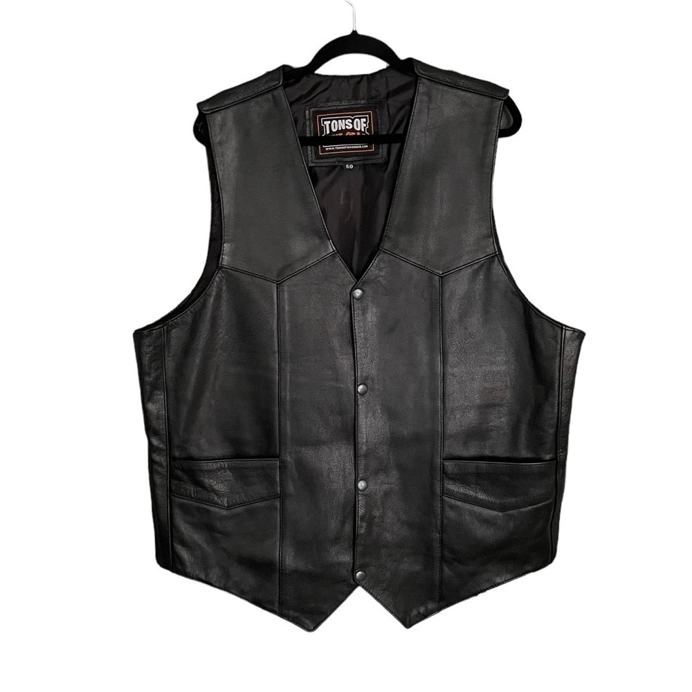 Black Leather Sleeveless Moto Biker Vest XL XXL